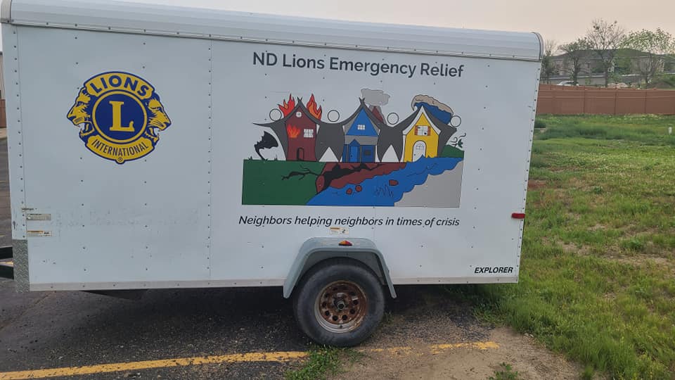 The ND Lions Emergency Relief trailer — mobile relief unit for North Dakota apartment-fire response